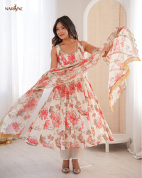Muslin Anarkali Suit Set for Women with Organza Dupatta & Pant | Floral Print Kali Cut Flare | Ready to Wear