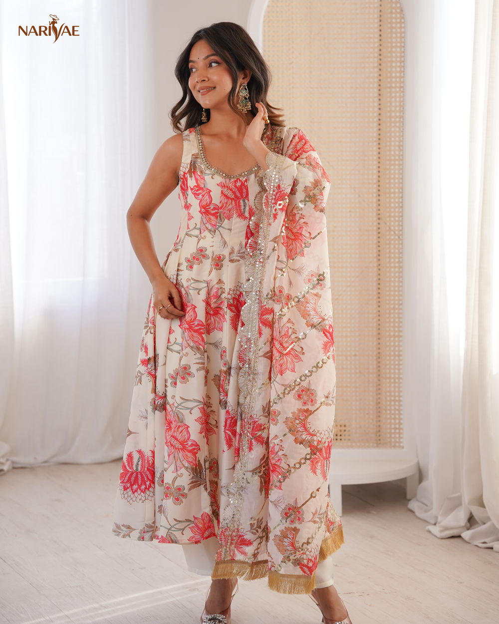 Muslin Anarkali Suit Set for Women with Organza Dupatta & Pant | Floral Print Kali Cut Flare | Ready to Wear