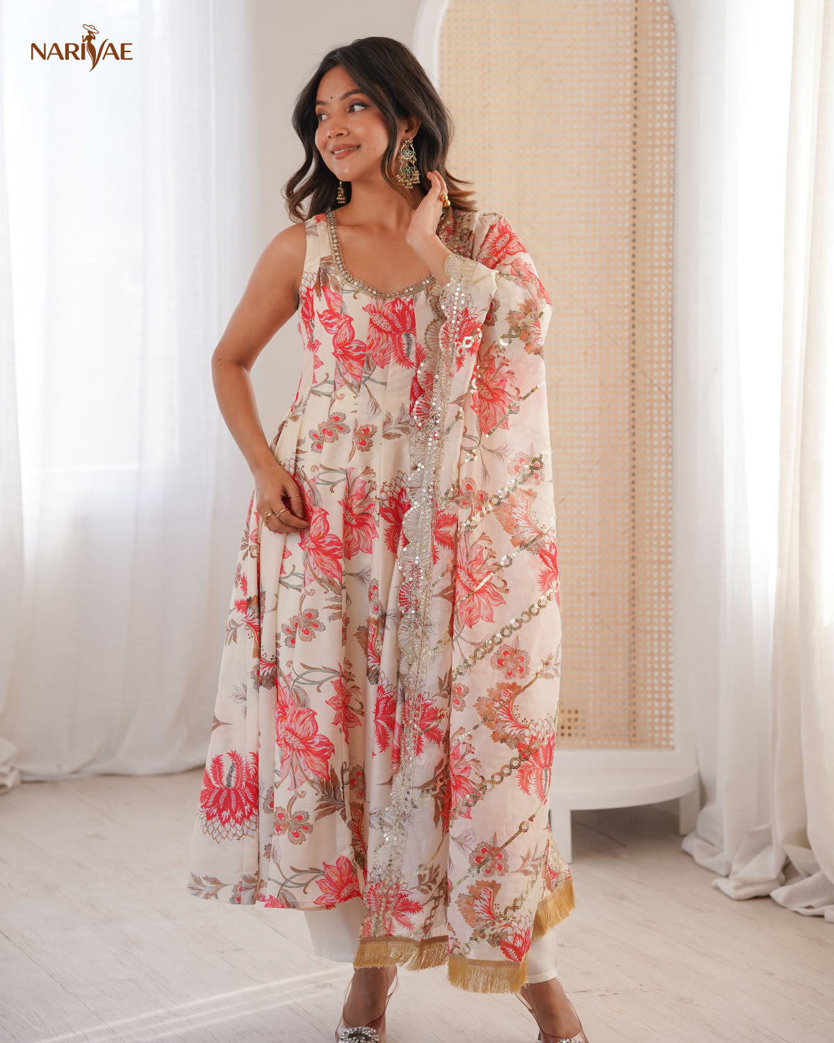 Muslin Anarkali Suit Set for Women with Organza Dupatta & Pant | Floral Print Kali Cut Flare | Ready to Wear