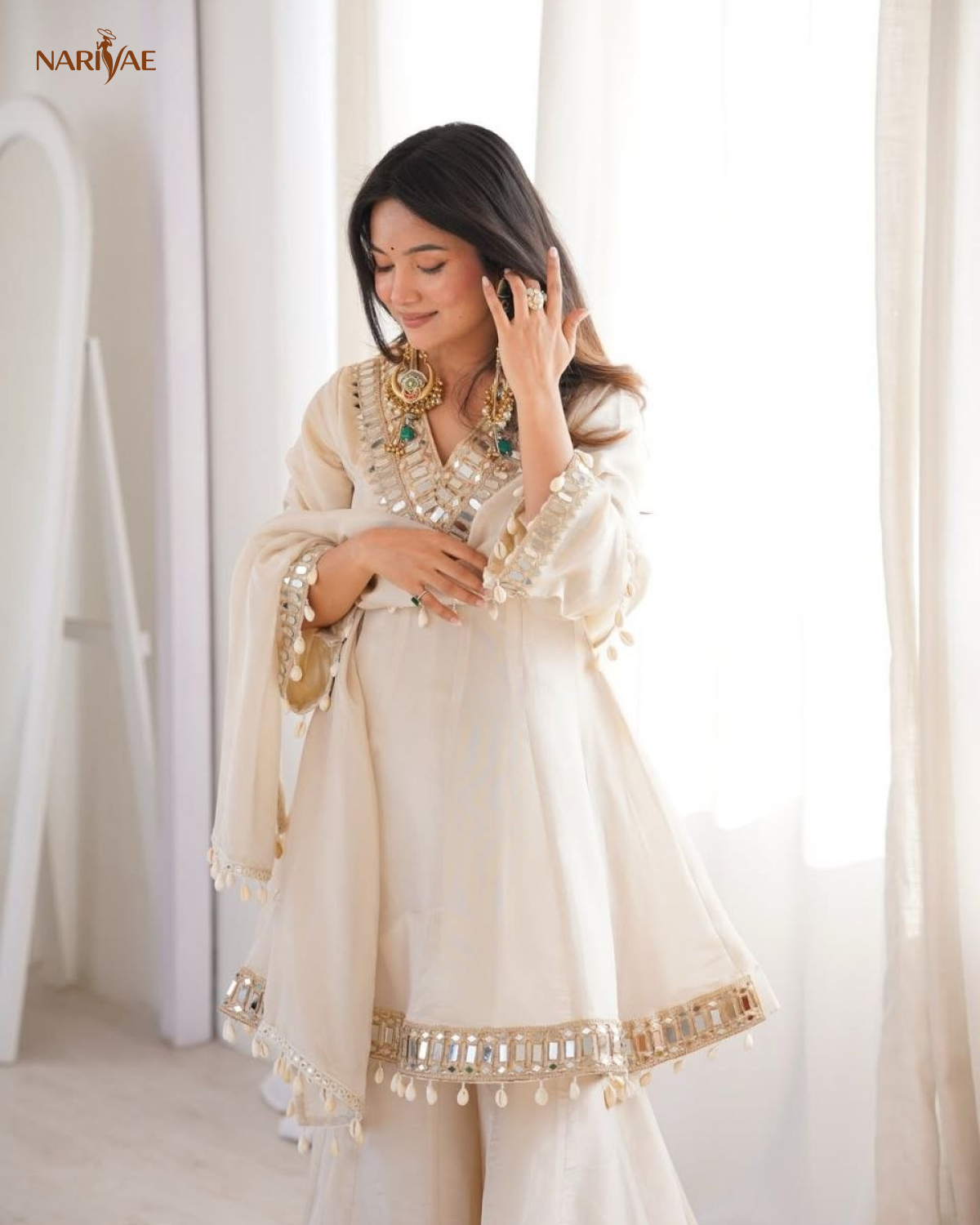 Chinon Palazzo Set for Women with Real Mirror Work | Kali Style Top & Kodi Lace Dupatta | Ready to Wear
