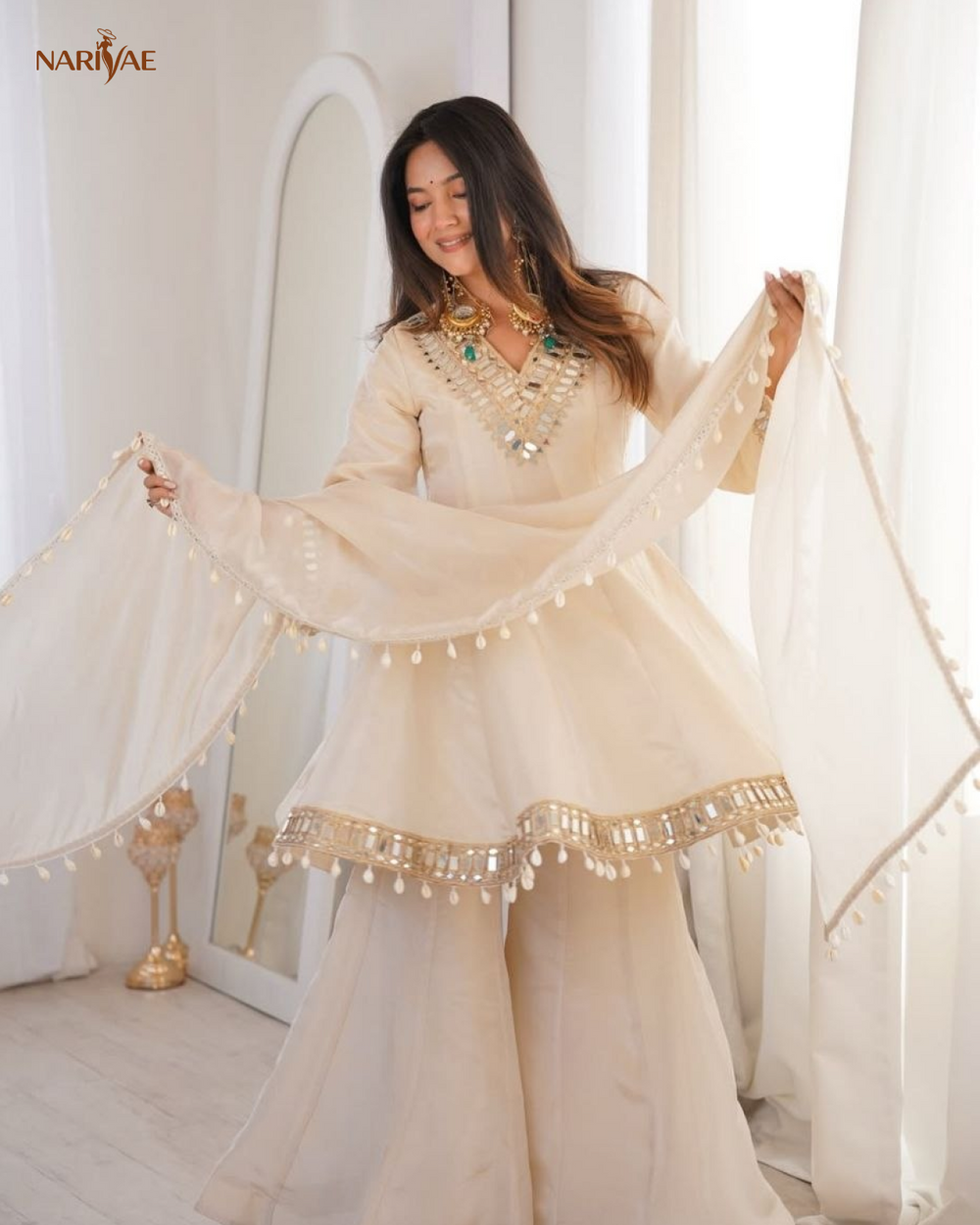 Chinon Palazzo Set for Women with Real Mirror Work | Kali Style Top & Kodi Lace Dupatta | Ready to Wear