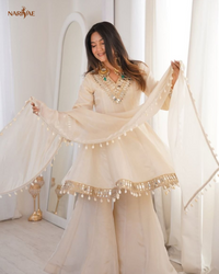 Chinon Palazzo Set for Women with Real Mirror Work | Kali Style Top & Kodi Lace Dupatta | Ready to Wear