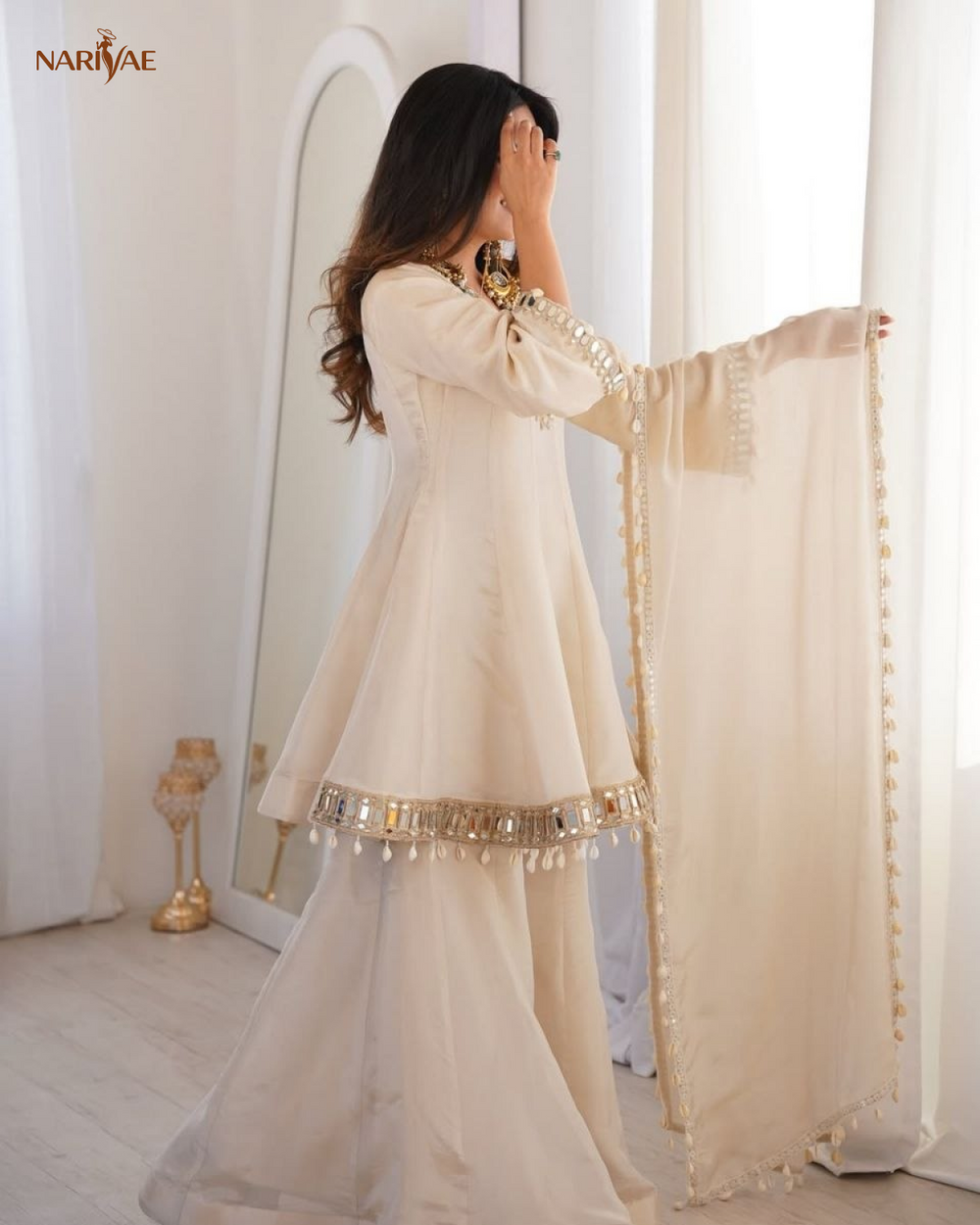 Chinon Palazzo Set for Women with Real Mirror Work | Kali Style Top & Kodi Lace Dupatta | Ready to Wear
