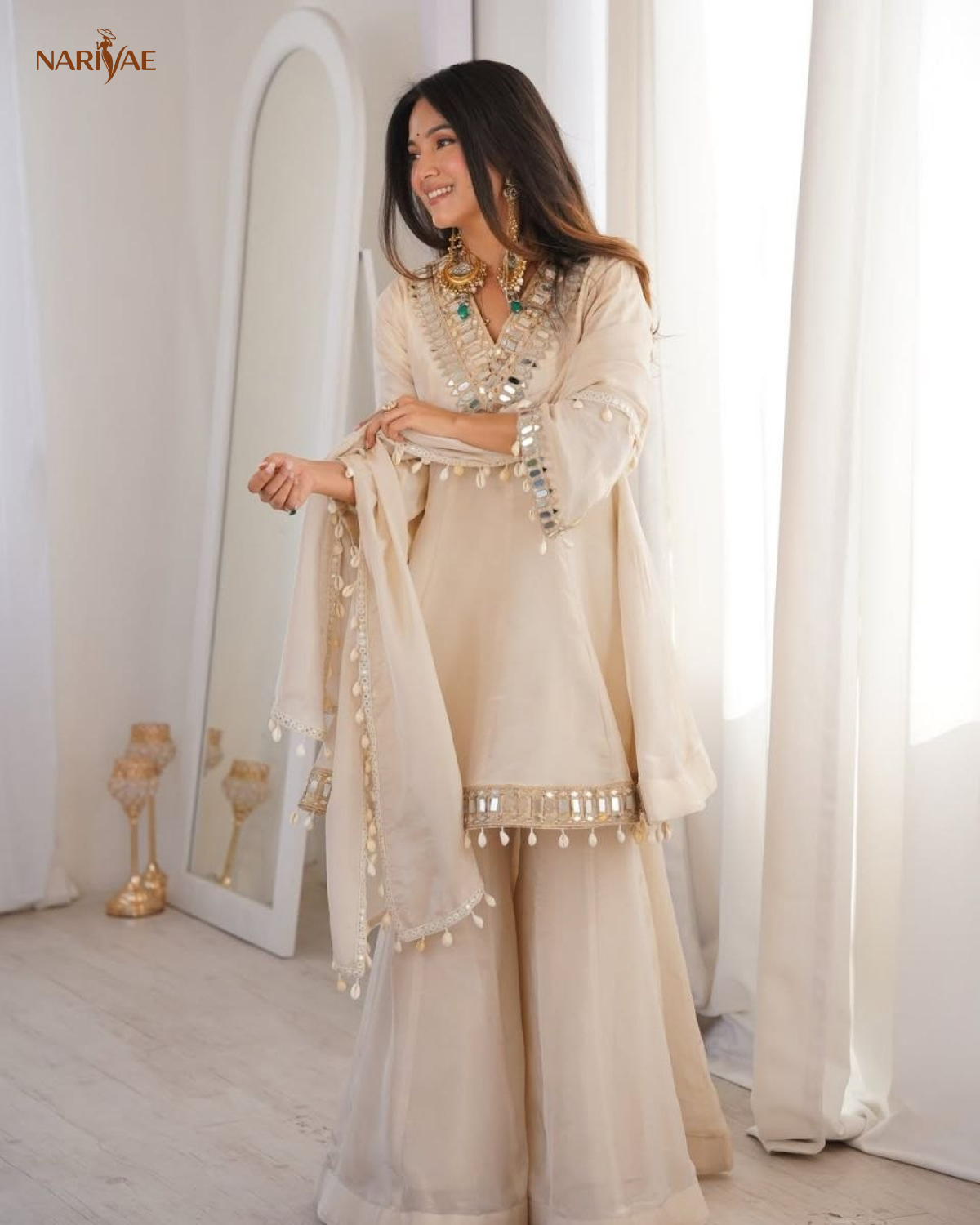 Chinon Palazzo Set for Women with Real Mirror Work | Kali Style Top & Kodi Lace Dupatta | Ready to Wear