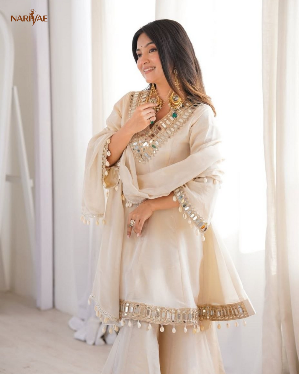 Chinon Palazzo Set for Women with Real Mirror Work | Kali Style Top & Kodi Lace Dupatta | Ready to Wear