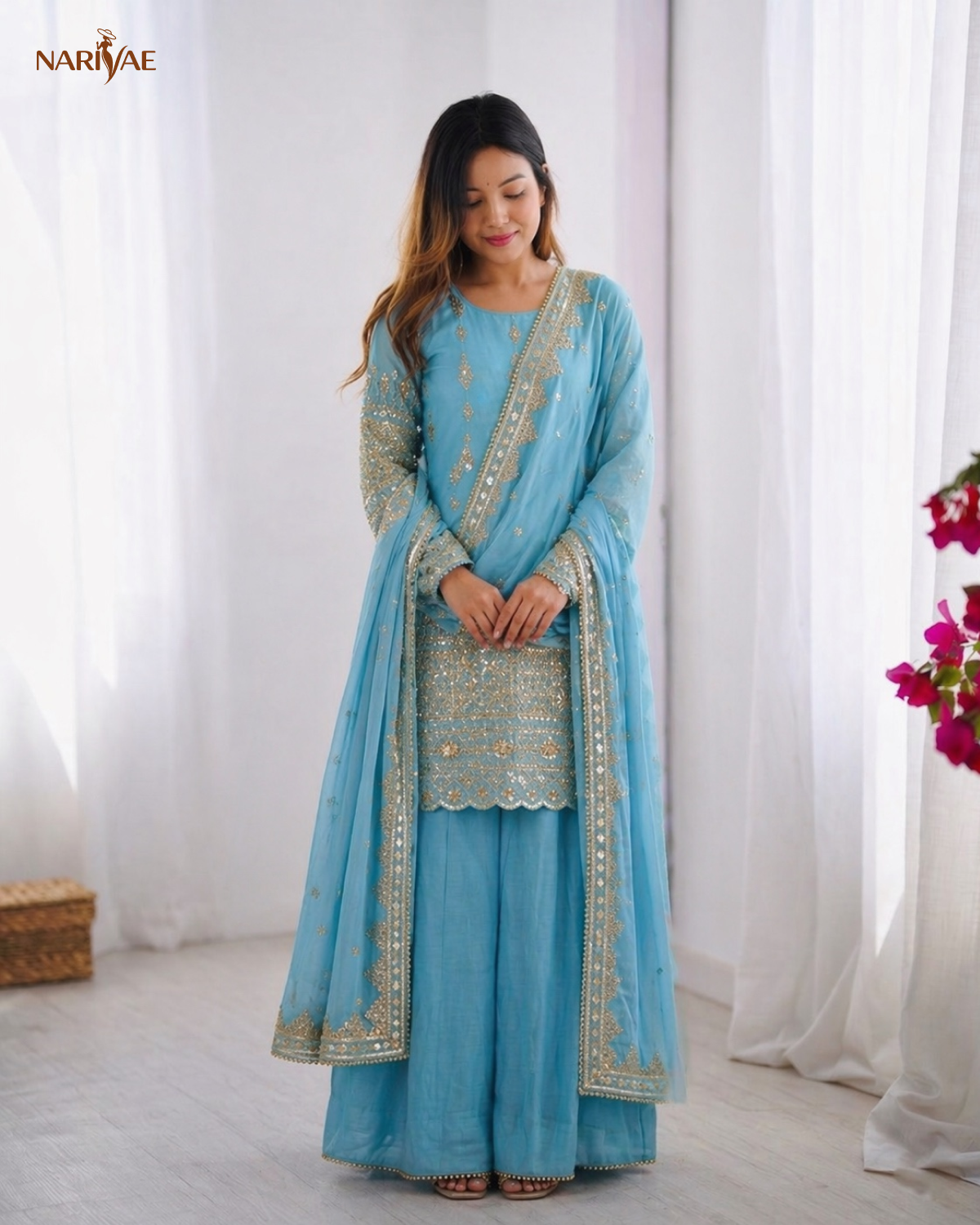Designer Sharara Set in Heavy Pure Vichitra Silk with Embroidery Sequence Work | Flowy Sharara & Dupatta | Fully Stitched Ready to Wear Ethnic Set for Women