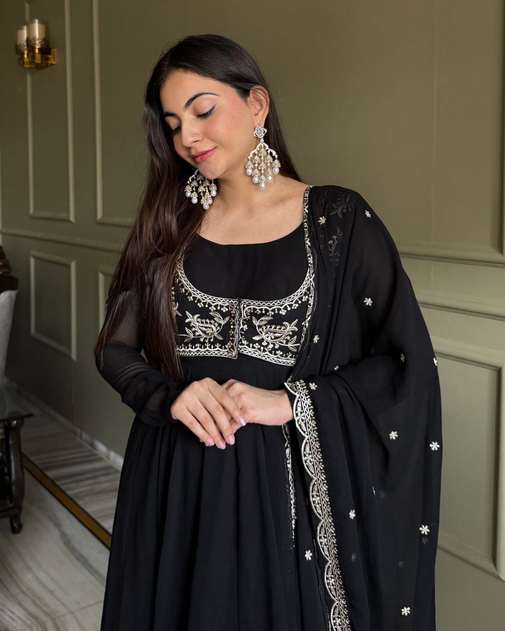 Pure Fox Georgette Anarkali Gown Set with Koti, Dupatta & Pant | Designer Flared Ethnic Wear for Women | Ready to Wear