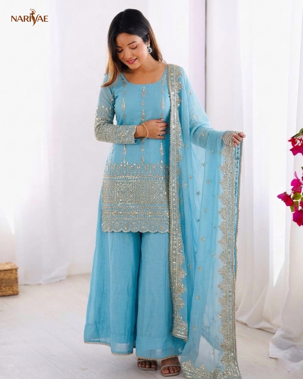 Designer Sharara Set in Heavy Pure Vichitra Silk with Embroidery Sequence Work | Flowy Sharara & Dupatta | Fully Stitched Ready to Wear Ethnic Set for Women