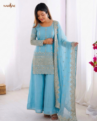 Designer Sharara Set in Heavy Pure Vichitra Silk with Embroidery Sequence Work | Flowy Sharara & Dupatta | Fully Stitched Ready to Wear Ethnic Set for Women