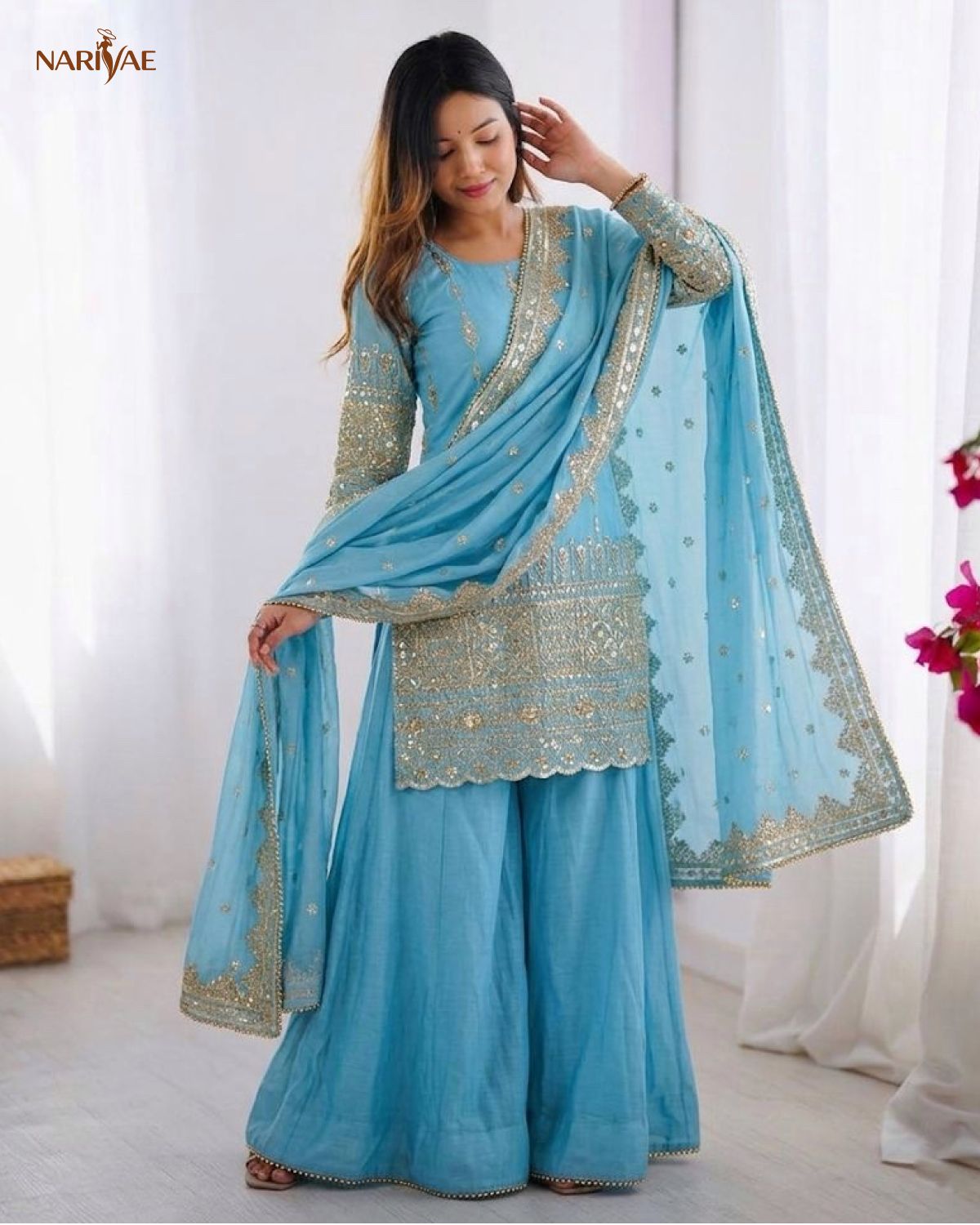 Designer Sharara Set in Heavy Pure Vichitra Silk with Embroidery Sequence Work | Flowy Sharara & Dupatta | Fully Stitched Ready to Wear Ethnic Set for Women