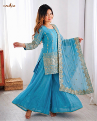 Designer Sharara Set in Heavy Pure Vichitra Silk with Embroidery Sequence Work | Flowy Sharara & Dupatta | Fully Stitched Ready to Wear Ethnic Set for Women