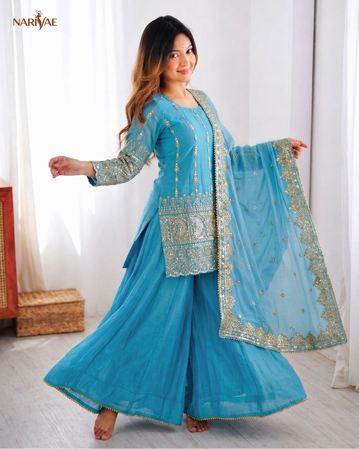 Designer Sharara Set in Heavy Pure Vichitra Silk with Embroidery Sequence Work | Flowy Sharara & Dupatta | Fully Stitched Ready to Wear Ethnic Set for Women