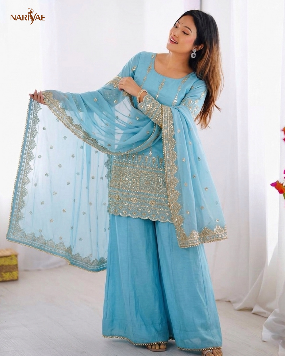 Designer Sharara Set in Heavy Pure Vichitra Silk with Embroidery Sequence Work | Flowy Sharara & Dupatta | Fully Stitched Ready to Wear Ethnic Set for Women
