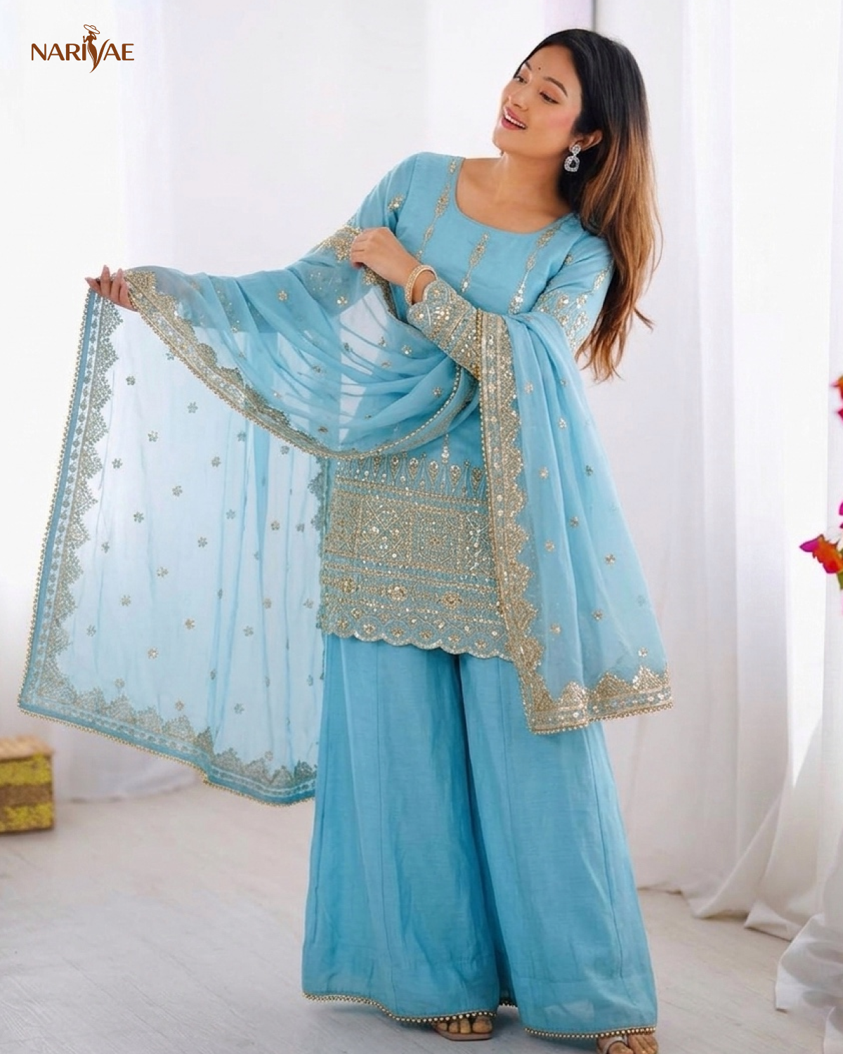 Designer Sharara Set in Heavy Pure Vichitra Silk with Embroidery Sequence Work | Flowy Sharara & Dupatta | Fully Stitched Ready to Wear Ethnic Set for Women