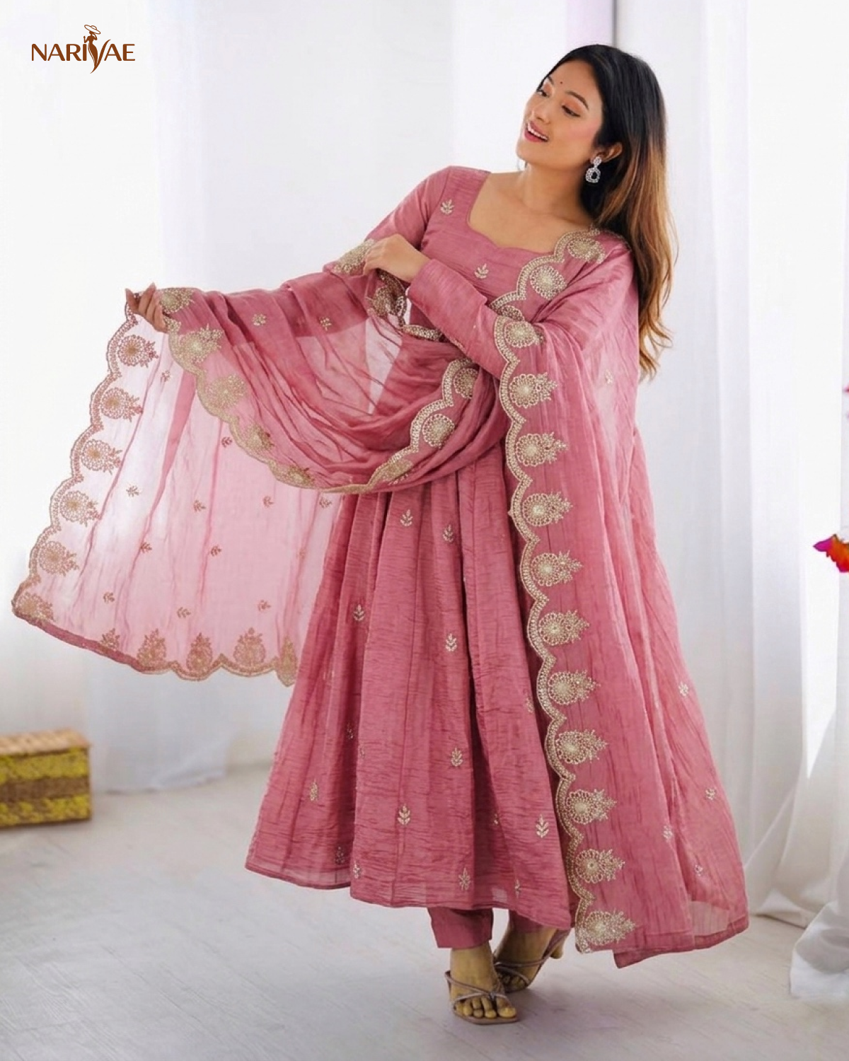 Anarkali Gown Set in Heavy Gold Crush Silk with Embroidery Sequence Work | 3 Meter Flair with Bottom & Dupatta | Fully Stitched Ready to Wear Ethnic Set for Women