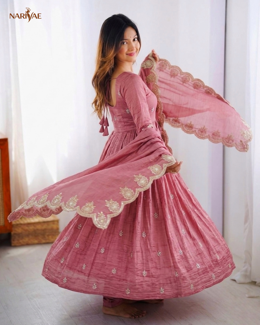 Anarkali Gown Set in Heavy Gold Crush Silk with Embroidery Sequence Work | 3 Meter Flair with Bottom & Dupatta | Fully Stitched Ready to Wear Ethnic Set for Women