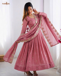 Anarkali Gown Set in Heavy Gold Crush Silk with Embroidery Sequence Work | 3 Meter Flair with Bottom & Dupatta | Fully Stitched Ready to Wear Ethnic Set for Women