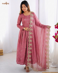 Anarkali Gown Set in Heavy Gold Crush Silk with Embroidery Sequence Work | 3 Meter Flair with Bottom & Dupatta | Fully Stitched Ready to Wear Ethnic Set for Women