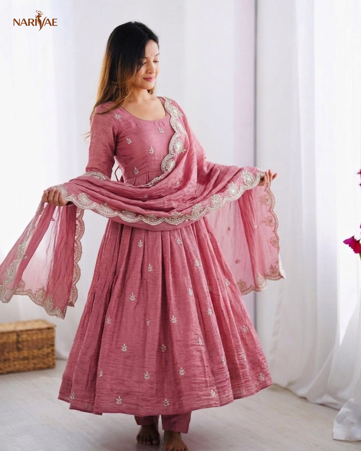 Anarkali Gown Set in Heavy Gold Crush Silk with Embroidery Sequence Work | 3 Meter Flair with Bottom & Dupatta | Fully Stitched Ready to Wear Ethnic Set for Women