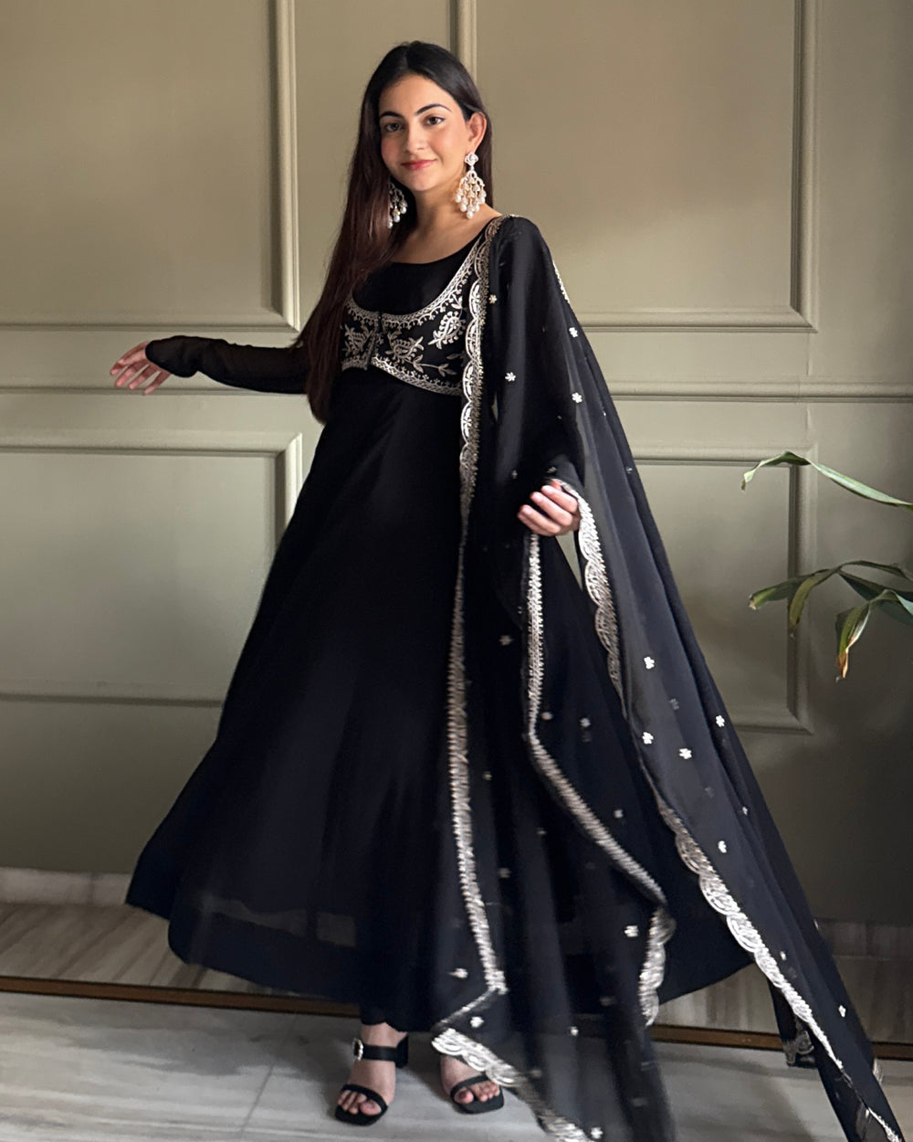 Pure Fox Georgette Anarkali Gown Set with Koti, Dupatta & Pant | Designer Flared Ethnic Wear for Women | Ready to Wear