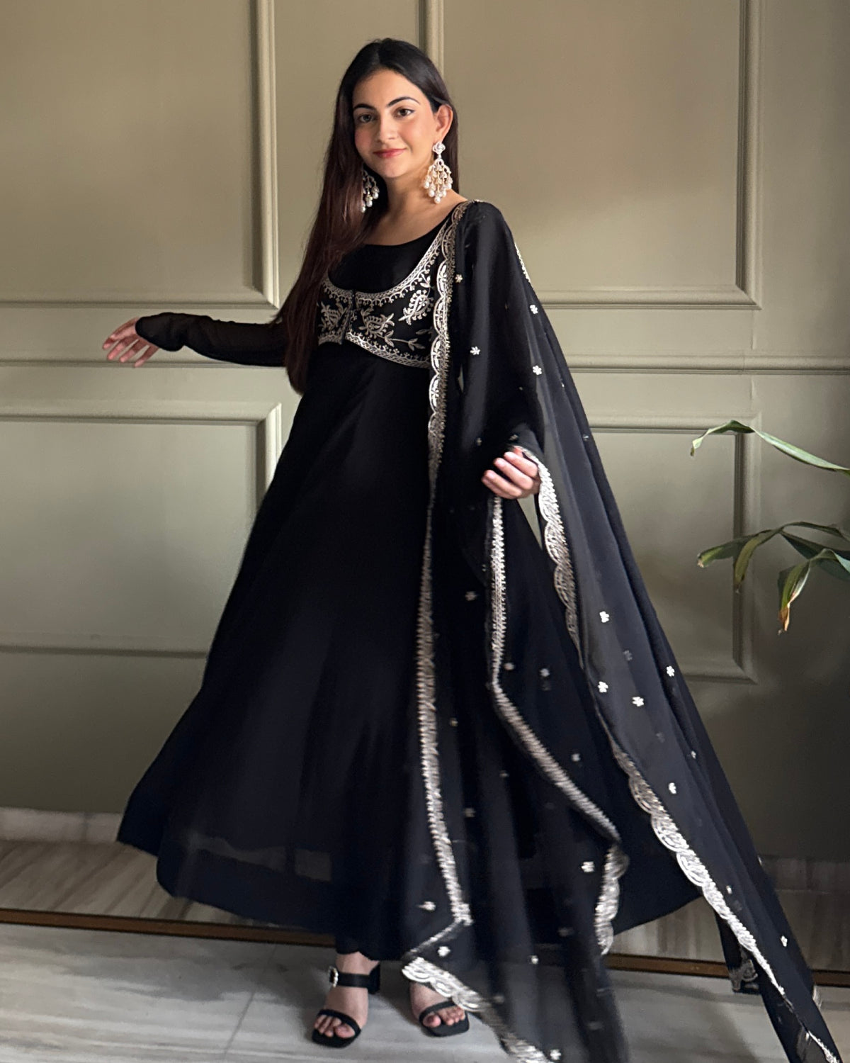 Pure Fox Georgette Anarkali Gown Set with Koti, Dupatta & Pant | Designer Flared Ethnic Wear for Women | Ready to Wear