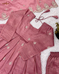 Anarkali Gown Set in Heavy Gold Crush Silk with Embroidery Sequence Work | 3 Meter Flair with Bottom & Dupatta | Fully Stitched Ready to Wear Ethnic Set for Women