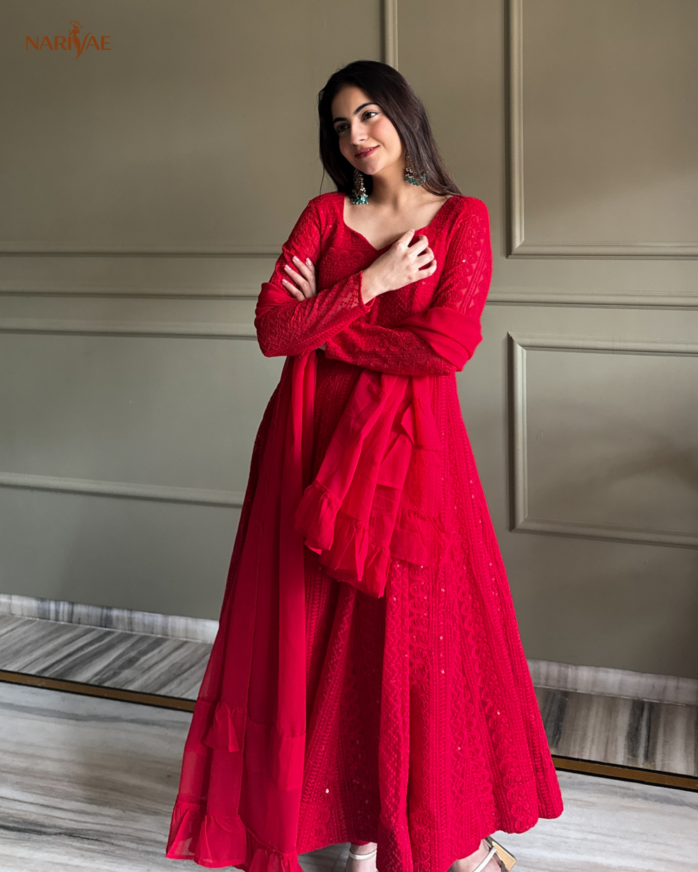 Georgette Anarkali Gown Set with Lucknowi Sequence & Thread Work | 4 Meter Kali Cut Flare with Pant & Ruffle Dupatta | Fully Stitched Ready to Wear Ethnic Set for Women