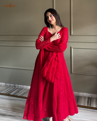 Georgette Anarkali Gown Set with Lucknowi Sequence & Thread Work | 4 Meter Kali Cut Flare with Pant & Ruffle Dupatta | Fully Stitched Ready to Wear Ethnic Set for Women
