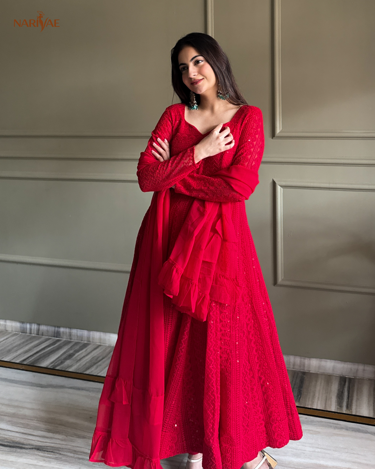 Georgette Anarkali Gown Set with Lucknowi Sequence & Thread Work | 4 Meter Kali Cut Flare with Pant & Ruffle Dupatta | Fully Stitched Ready to Wear Ethnic Set for Women