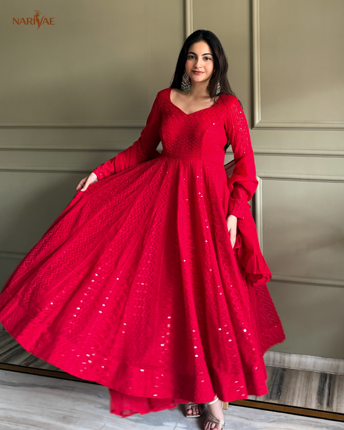 Georgette Anarkali Gown Set with Lucknowi Sequence & Thread Work | 4 Meter Kali Cut Flare with Pant & Ruffle Dupatta | Fully Stitched Ready to Wear Ethnic Set for Women
