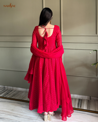 Georgette Anarkali Gown Set with Lucknowi Sequence & Thread Work | 4 Meter Kali Cut Flare with Pant & Ruffle Dupatta | Fully Stitched Ready to Wear Ethnic Set for Women