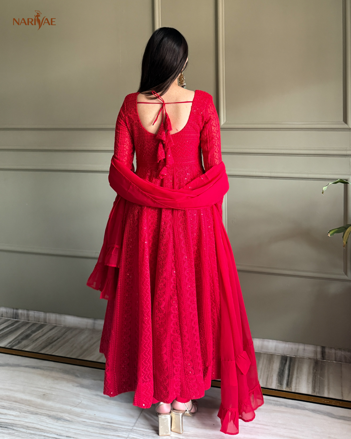 Georgette Anarkali Gown Set with Lucknowi Sequence & Thread Work | 4 Meter Kali Cut Flare with Pant & Ruffle Dupatta | Fully Stitched Ready to Wear Ethnic Set for Women