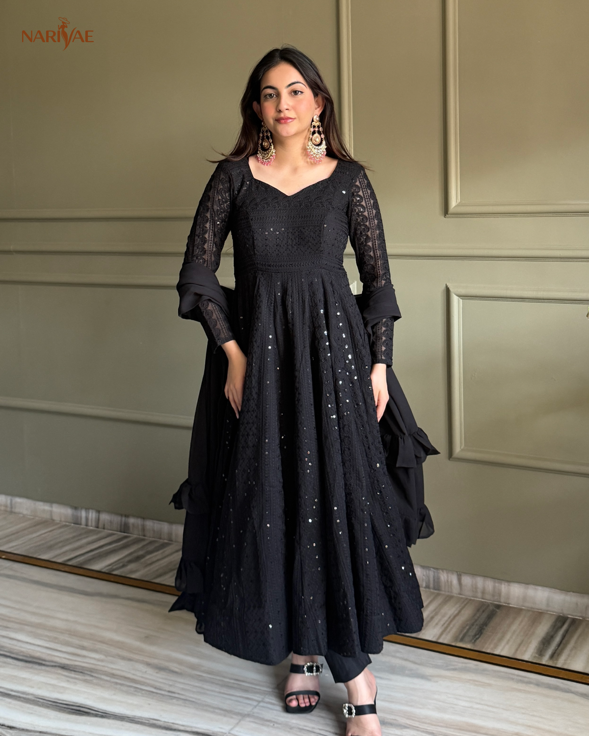Georgette Anarkali Gown Set with Lucknowi Sequence & Thread Work | 4 Meter Kali Cut Flare with Pant & Ruffle Dupatta | Fully Stitched Ready to Wear Ethnic Set for Women