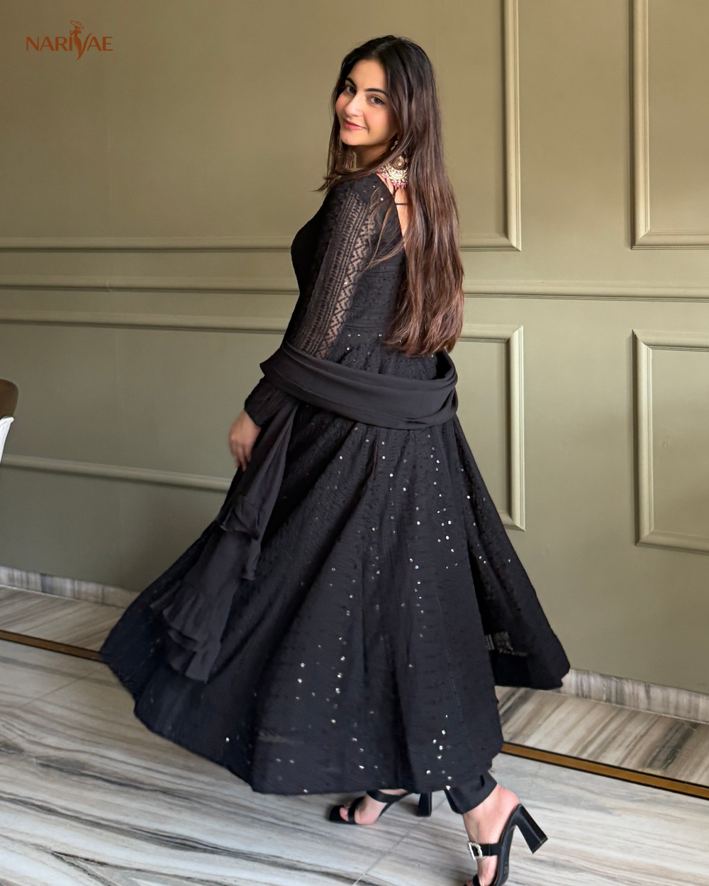 Georgette Anarkali Gown Set with Lucknowi Sequence & Thread Work | 4 Meter Kali Cut Flare with Pant & Ruffle Dupatta | Fully Stitched Ready to Wear Ethnic Set for Women