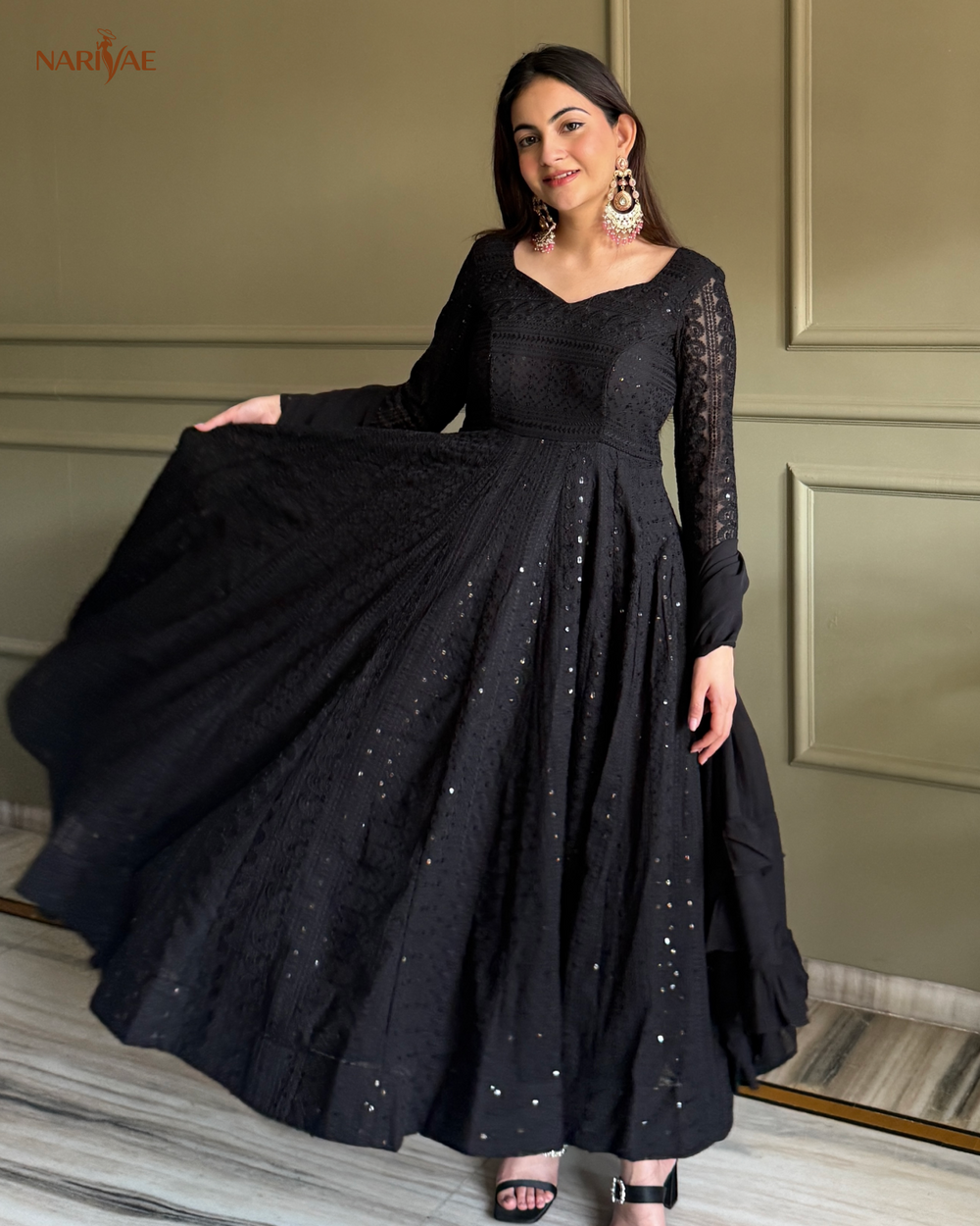 Georgette Anarkali Gown Set with Lucknowi Sequence & Thread Work | 4 Meter Kali Cut Flare with Pant & Ruffle Dupatta | Fully Stitched Ready to Wear Ethnic Set for Women