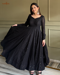 Georgette Anarkali Gown Set with Lucknowi Sequence & Thread Work | 4 Meter Kali Cut Flare with Pant & Ruffle Dupatta | Fully Stitched Ready to Wear Ethnic Set for Women
