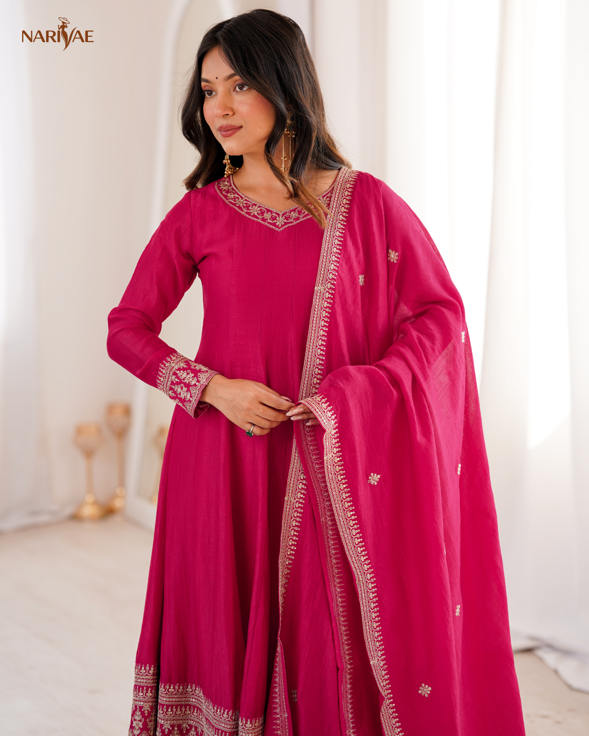 Vichitra Silk Anarkali Gown Set with Dori, Zari & Sequence Work | Full Kali Flare with Pant & Dupatta | Ready to Wear Ethnic Set for Women