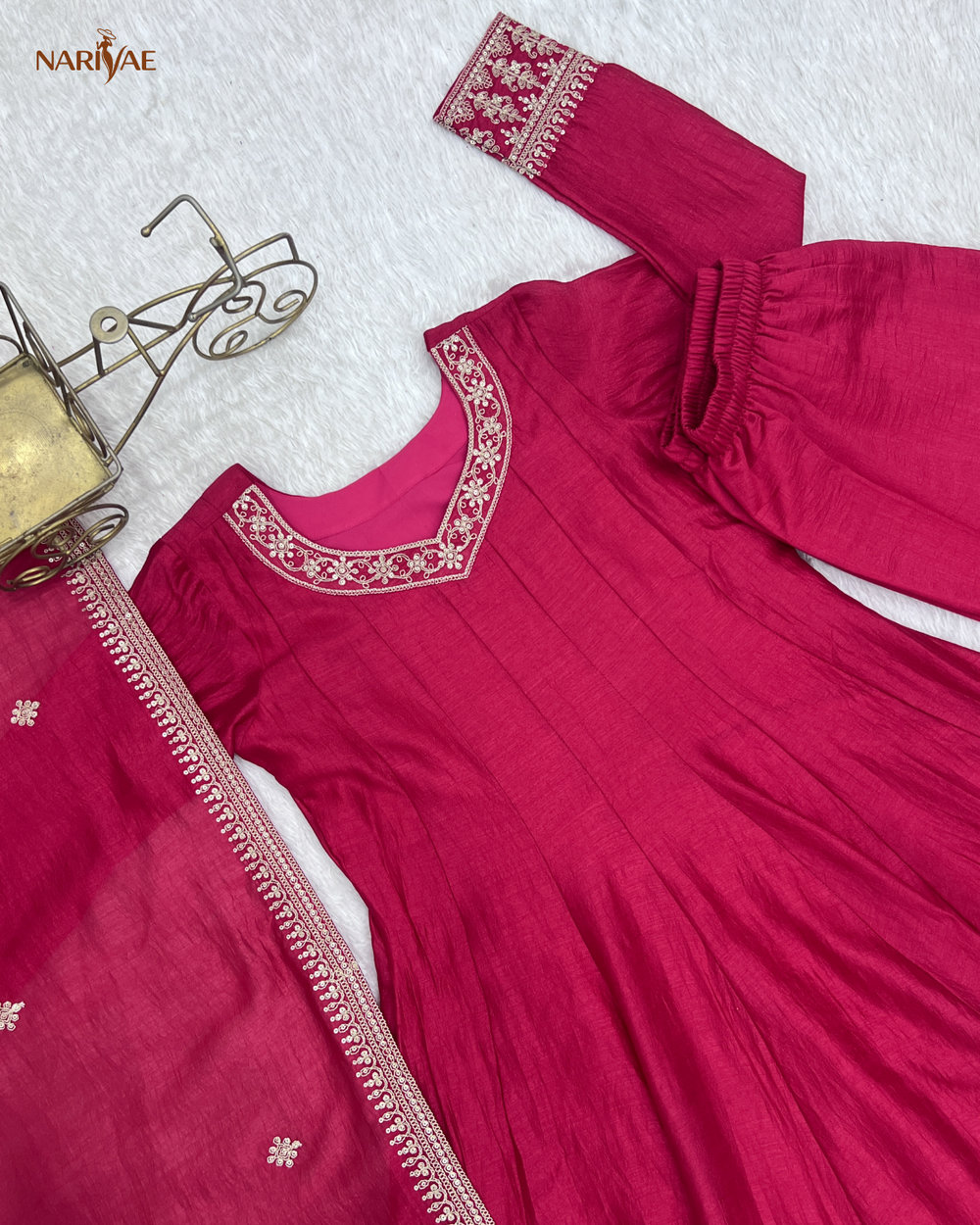 Vichitra Silk Anarkali Gown Set with Dori, Zari & Sequence Work | Full Kali Flare with Pant & Dupatta | Ready to Wear Ethnic Set for Women