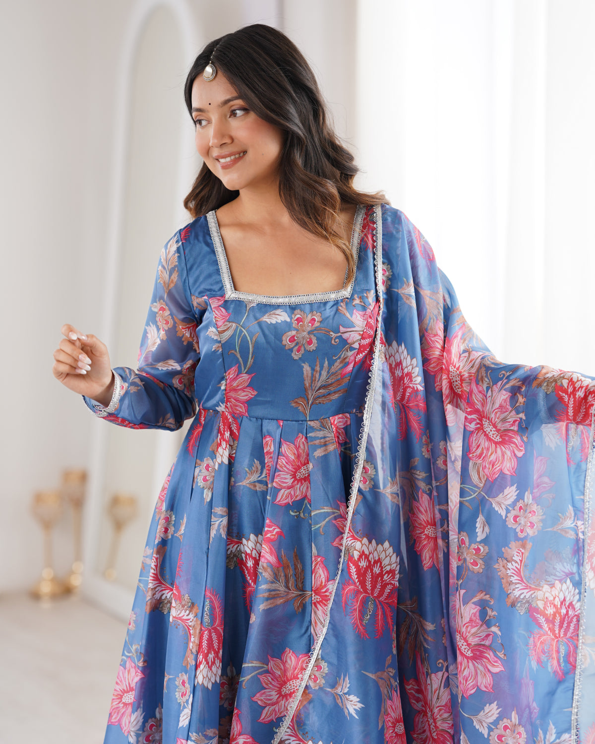 Floral Organza Anarkali Suit Set with Dupatta & Pant | Lightweight Festive Wear Gown for Women | Ready to Wear
