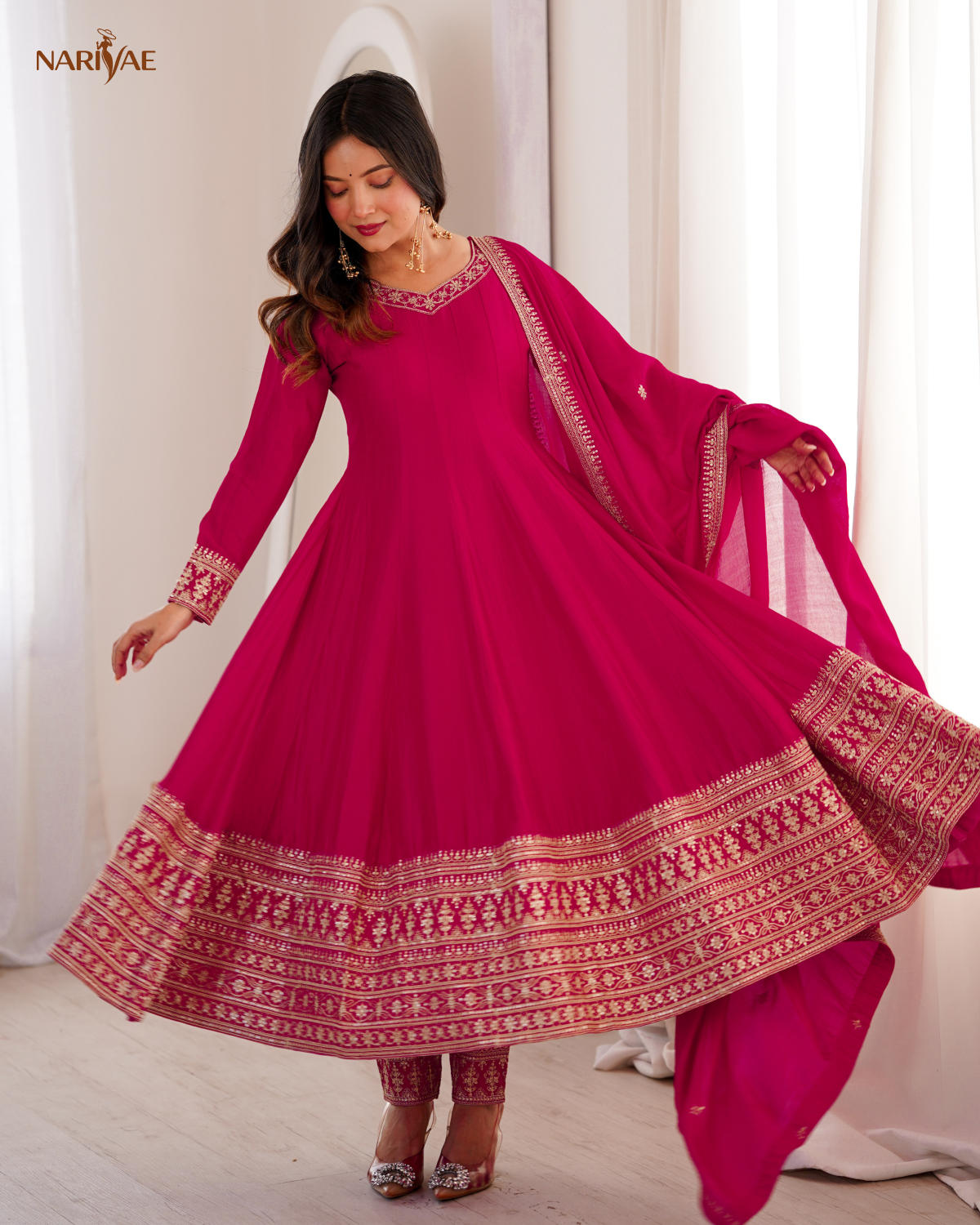 Vichitra Silk Anarkali Gown Set with Dori, Zari & Sequence Work | Full Kali Flare with Pant & Dupatta | Ready to Wear Ethnic Set for Women