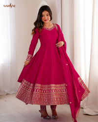 Vichitra Silk Anarkali Gown Set with Dori, Zari & Sequence Work | Full Kali Flare with Pant & Dupatta | Ready to Wear Ethnic Set for Women