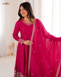 Vichitra Silk Anarkali Gown Set with Dori, Zari & Sequence Work | Full Kali Flare with Pant & Dupatta | Ready to Wear Ethnic Set for Women