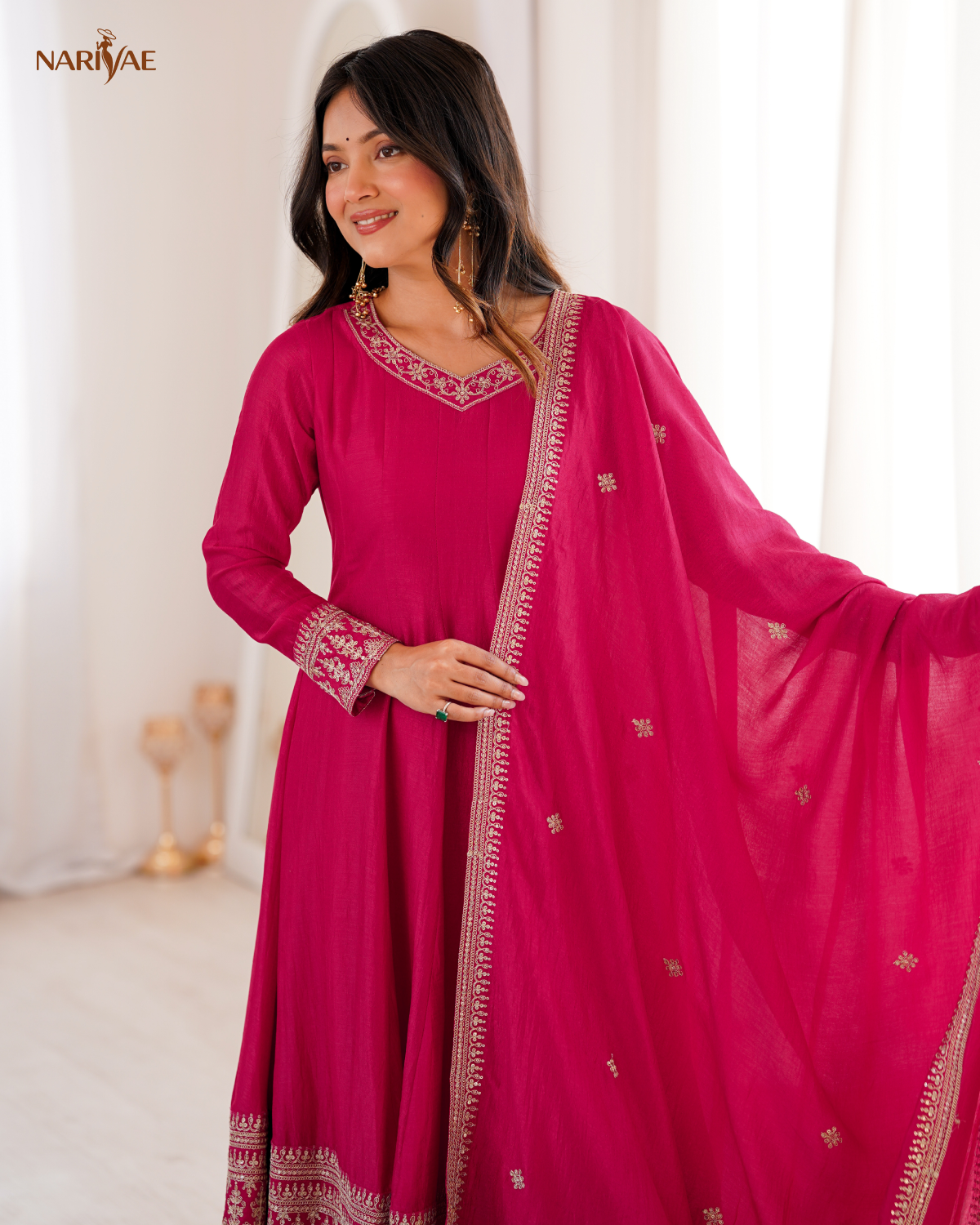 Vichitra Silk Anarkali Gown Set with Dori, Zari & Sequence Work | Full Kali Flare with Pant & Dupatta | Ready to Wear Ethnic Set for Women