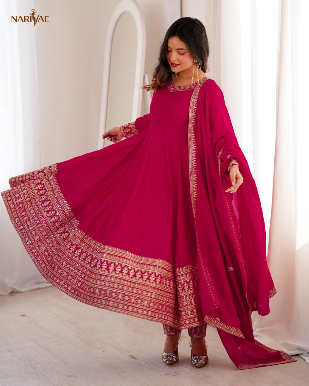 Vichitra Silk Anarkali Gown Set with Dori, Zari & Sequence Work | Full Kali Flare with Pant & Dupatta | Ready to Wear Ethnic Set for Women