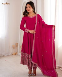 Vichitra Silk Anarkali Gown Set with Dori, Zari & Sequence Work | Full Kali Flare with Pant & Dupatta | Ready to Wear Ethnic Set for Women