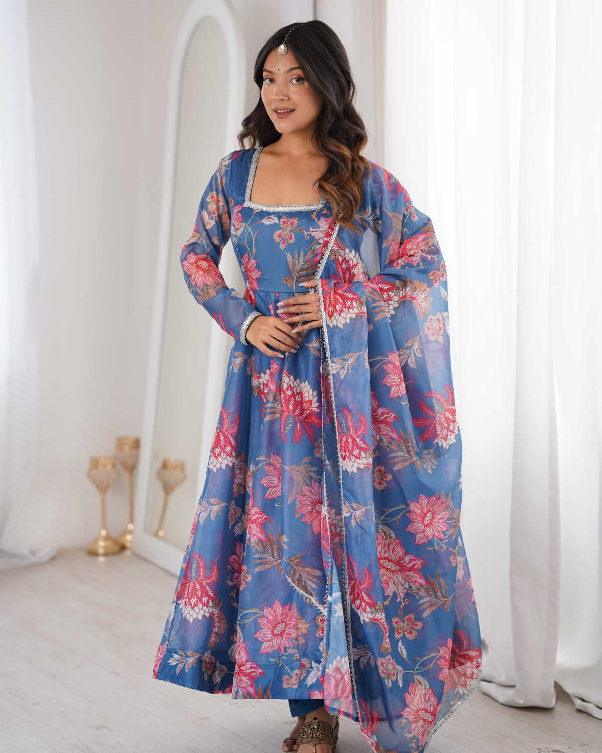 Floral Organza Anarkali Suit Set with Dupatta & Pant | Lightweight Festive Wear Gown for Women | Ready to Wear