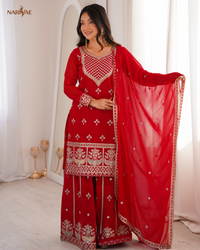 Sharara Set in Pure Fox Georgette with Dori, Zari, Sequence & Thread Work | Flowy Sharara & Dupatta | Fully Stitched Ready to Wear Ethnic Set for Women