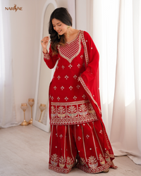 Sharara Set in Pure Fox Georgette with Dori, Zari, Sequence & Thread Work | Flowy Sharara & Dupatta | Fully Stitched Ready to Wear Ethnic Set for Women