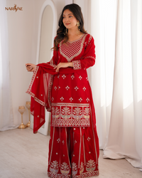 Sharara Set in Pure Fox Georgette with Dori, Zari, Sequence & Thread Work | Flowy Sharara & Dupatta | Fully Stitched Ready to Wear Ethnic Set for Women
