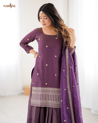 Kurta Lehenga Set in Roman Shimmer Chanderi Silk with Sequence, Dori & Zari Work | 4 Meter Flare Lehenga with Organza Dupatta | Fully Stitched Ready to Wear Ethnic Set for Women